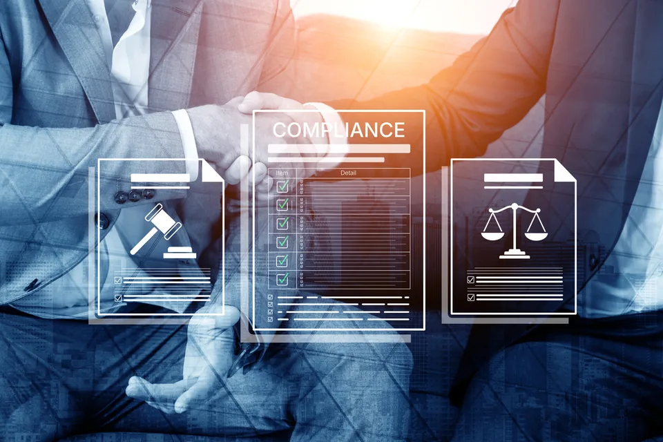 Conceptual illustration of a handshake, checklist and legal oversight symbols