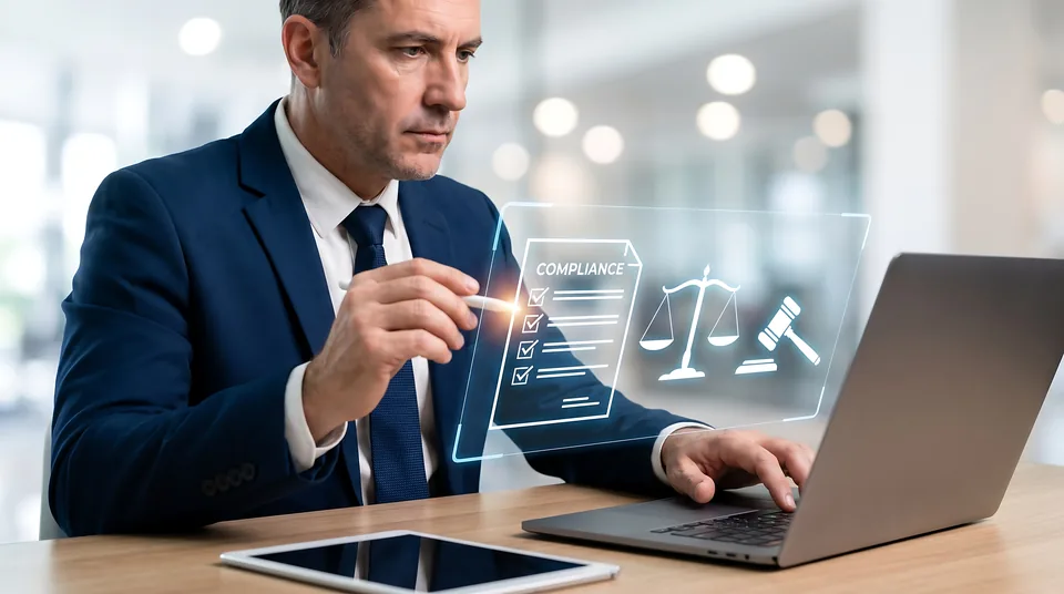 Legal professional working at a laptop with conceptual court and document symbols