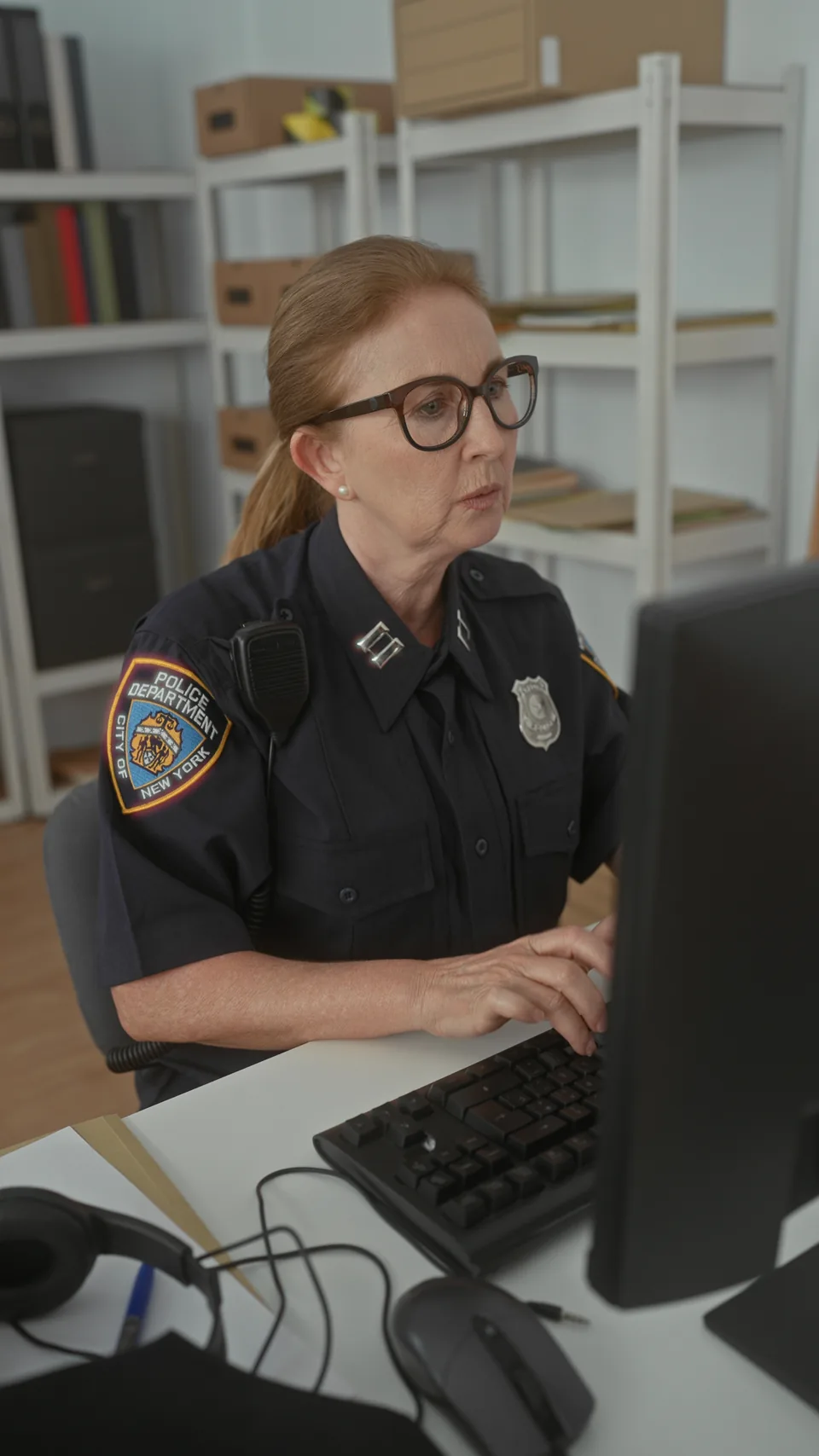 Uniformed field professional preparing a report at a computer