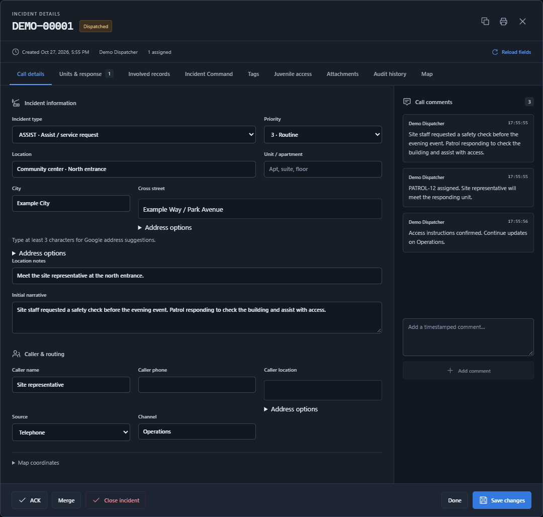 Quick CAD incident details with location, priority, narrative and timestamped response notes using demonstration data