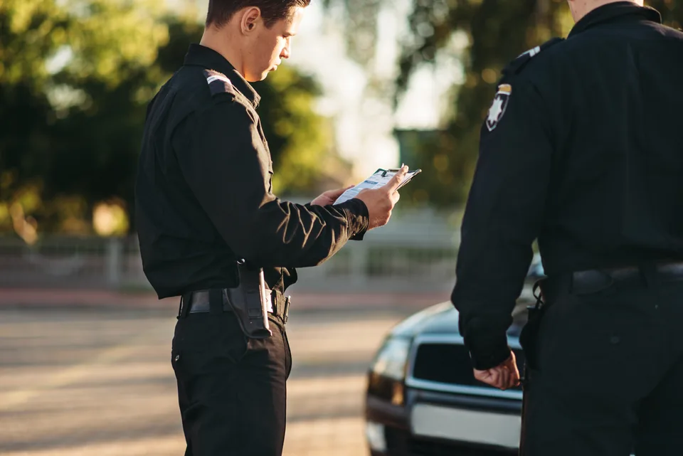 Two uniformed officers reviewing a clipboard beside a patrol vehicle