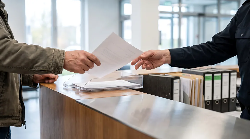 A document being handed across a public service counter beside organized folders